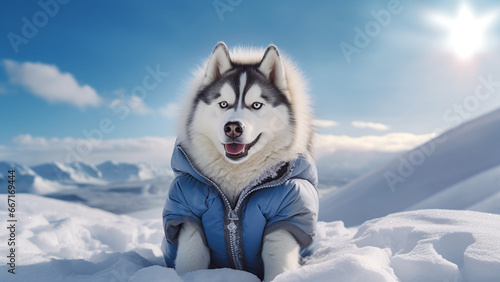 Siberian Husky wearing down jacket sitting in the snowfield