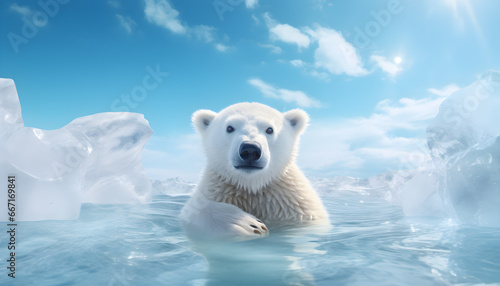 Background of a Polar bear in the water, melting arctic, climate change. Backdrop
