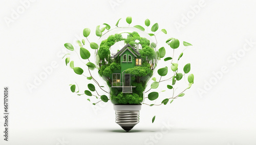 Inside a giant translucent light bulb, a cozy house sits surrounded by a vibrant garden with lush green foliage photo