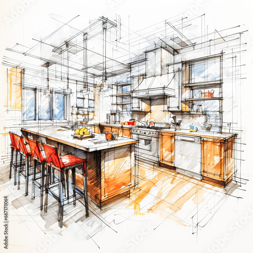 Watercolor artwork showcases an American modern style kitchen, a blend of design and creativity