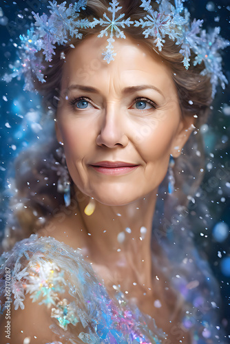 portrait of a beautiful blonde blue-eyed middle-aged snow queen wearing a snowflake crown and icy gown in a flurry of snow