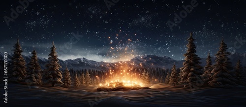 Artificial Intelligence image of large bonfire surrounded by spruce trees and starry sky with sparks and particles