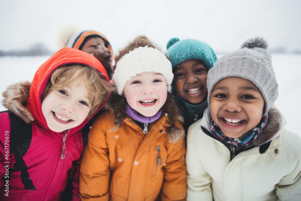 Group of diverse happy multi-ethnic children playing in snow and having fun outdoors in winter time Group of diverse happy multi-ethnic children playing in snow and having fun outdoors in winter time