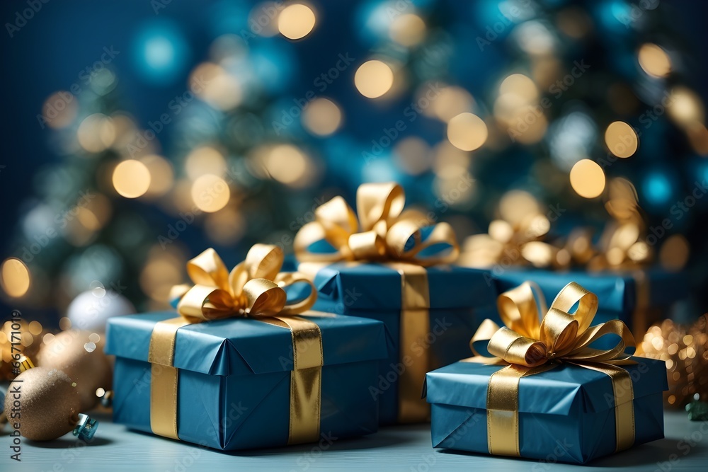 Christmas gift boxes. Blue boxes with golden ribbon. Generative AI. Christmas gift boxes. Blue boxes with golden ribbon. Generative AI.
