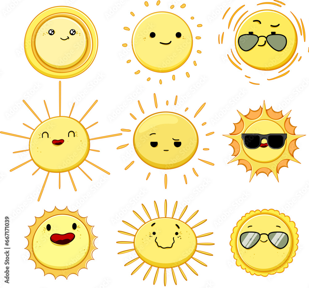 sun character set cartoon. summer funny, happy smile, print vintage sun character sign. isolated symbol vector illustration