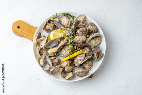 White plate with cooked vongole clams with lemon and herbs, seafood in a plate, top view.