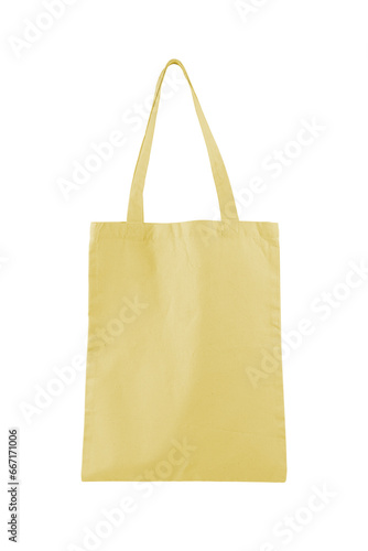 Fabric cotton, linen shopping sack, tote bag isolated on white, transparent background, PNG. Reusable yellow grocery shopping bag, mockup, template for design, copy space. Eco friendly, zero waste