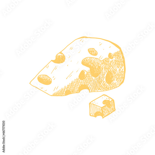 Watercolor piece swiss cheeses emmental cheese triangle with holes. Delicious milk food hand-drawn illustration isolated on white background. Perfect for menu, recipe, label, packaging design.