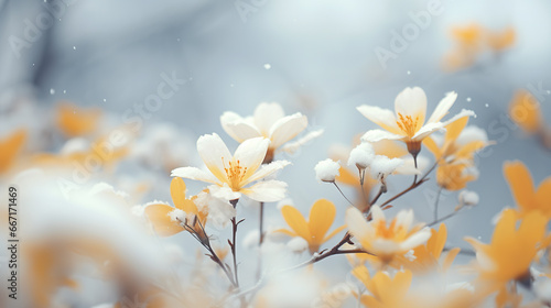 Background capturing the beauty of autumn snow with beautiful flowers. Yellow flowers in nature atmosphere macro.