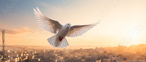 White dove with wings wide open in the blue sky air. Spirit of god background banner panorama. International Day of Peace concept. Generative ai