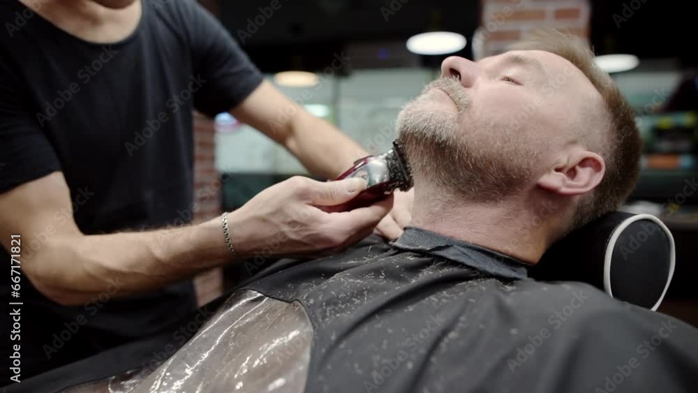 Barber master is shaving of handsome mature bearded man in salon. Hair artist making beard modeling for person in barbershop. Services of professional stylist. Fashion haircare for men Barber master is shaving of handsome mature bearded man in salon. Hair artist making beard modeling for person in barbershop. Services of professional stylist. Fashion haircare for men