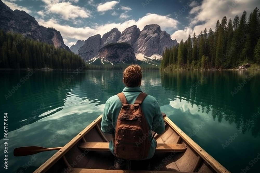the person is rowing across the water in a boat with mountains on either side the person is rowing across the water in a boat with mountains on either side