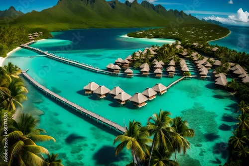**The tropical paradise of French Polynesia, with the turquoise waters of Tahiti's lagoon stretching to the horizon, overwater bungalows perched on stilts, palm trees swaying in the breeze, and a sens