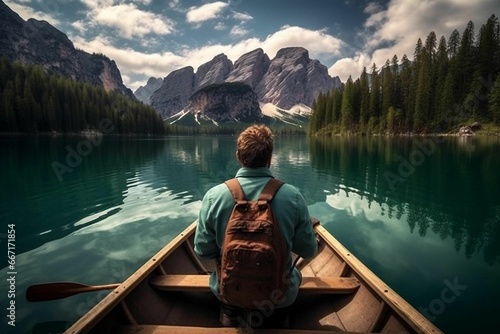 the person is rowing across the water in a boat with mountains on either side © Wirestock