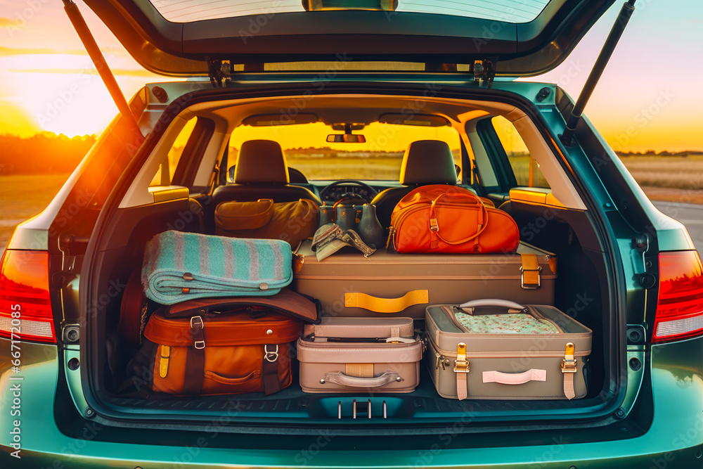 Retro car with luggage in trunk at sunset Retro car with luggage in trunk at sunset