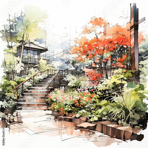 Watercolor sketch highlights an elegant forest house, a masterpiece of interior design