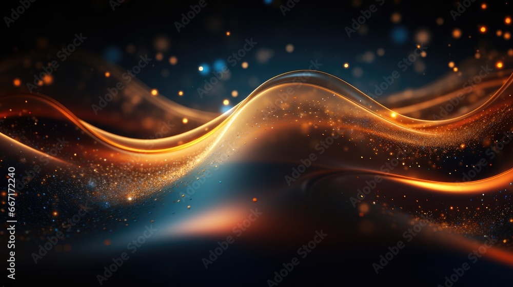 Obraz premium Abstract futuristic background with glod glowing neon moving high speed wave lines and bokeh lights.
