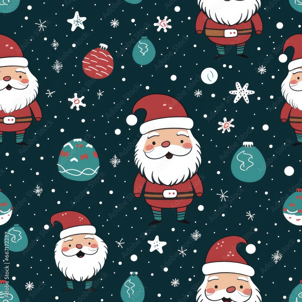 Seamless pattern with christmas tree, santa cros, gifts and snowflakes on green background.
