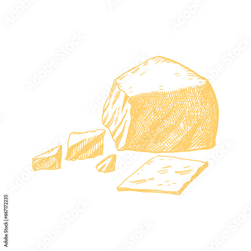 Watercolor parmesan cheeses with cutted pieces, milk dairy product. Delicious food hand-drawn illustration isolated on white background. Perfect for menu, recipe, label, packaging design.