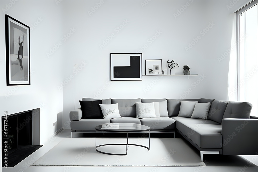Minimalist living room with monochrome design. Modern living room. 3d rendering Minimalist living room with monochrome design. Modern living room. 3d rendering