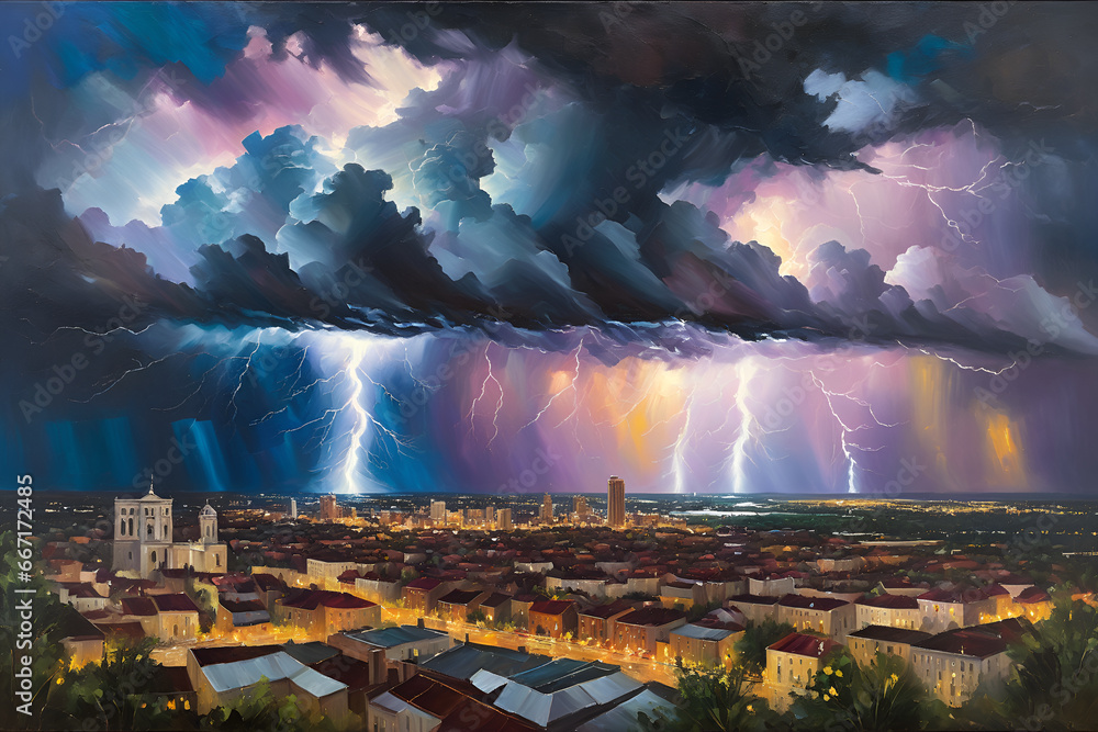 Obraz premium Thunderstorm Over the City Oil Painting with Dramatic Dark Tones and Backlit Resolution