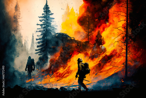 Brave firefighter stands in front of a huge forest fire