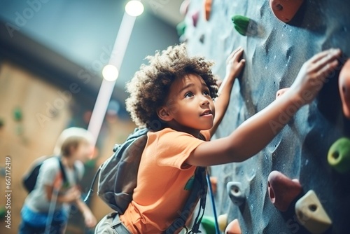 African child boy sports exercises climbing on climbing wall