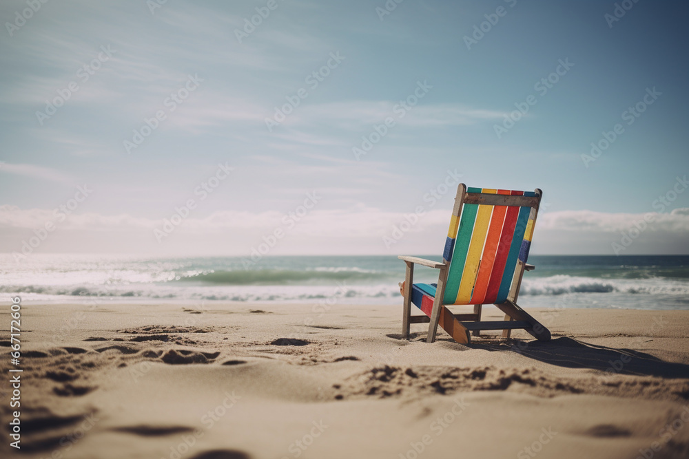 Colorful deck chair on the beach with copy space - vintage filter Colorful deck chair on the beach with copy space - vintage filter