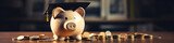 Piggy Bank with Black Graduation Hat with coins. Savings for investment in education and scholarship concept