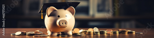 Piggy Bank with Black Graduation Hat with coins. Savings for investment in education and scholarship concept photo