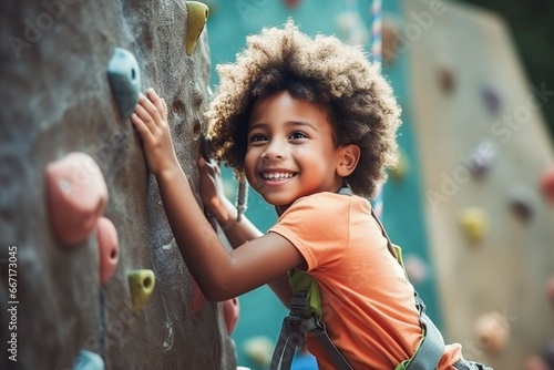 African child boy sports exercises climbing on climbing wall photo
