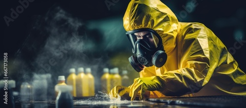 Asian scientists authenticate dangerous chemicals while wearing chemical protection suits in hazardous areas photo