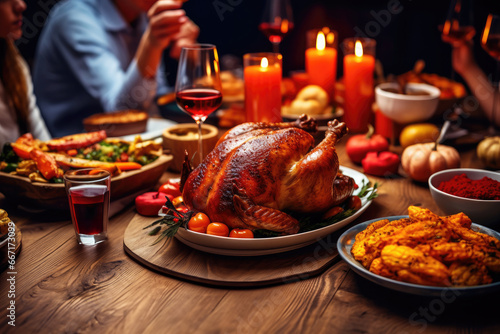 A festive Thanksgiving dinner with a delicious roast turkey taking center stage, surrounded by traditional side dishes.