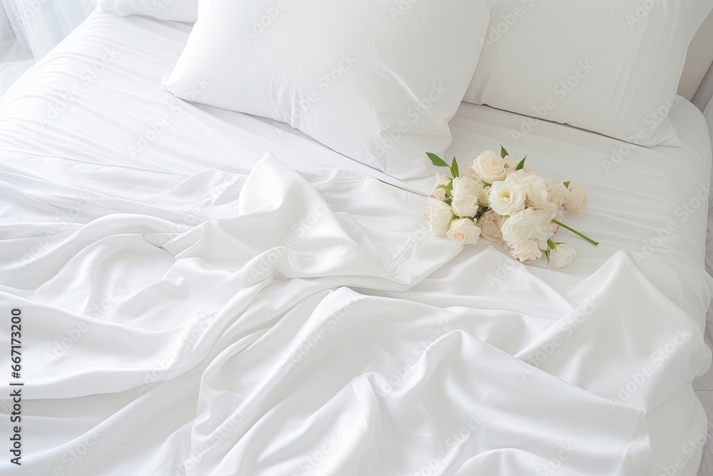 Cozy bedroom with rumpled white linens and flowers creating a feeling of comfort and relaxation. Cozy bedroom with rumpled white linens and flowers creating a feeling of comfort and relaxation.