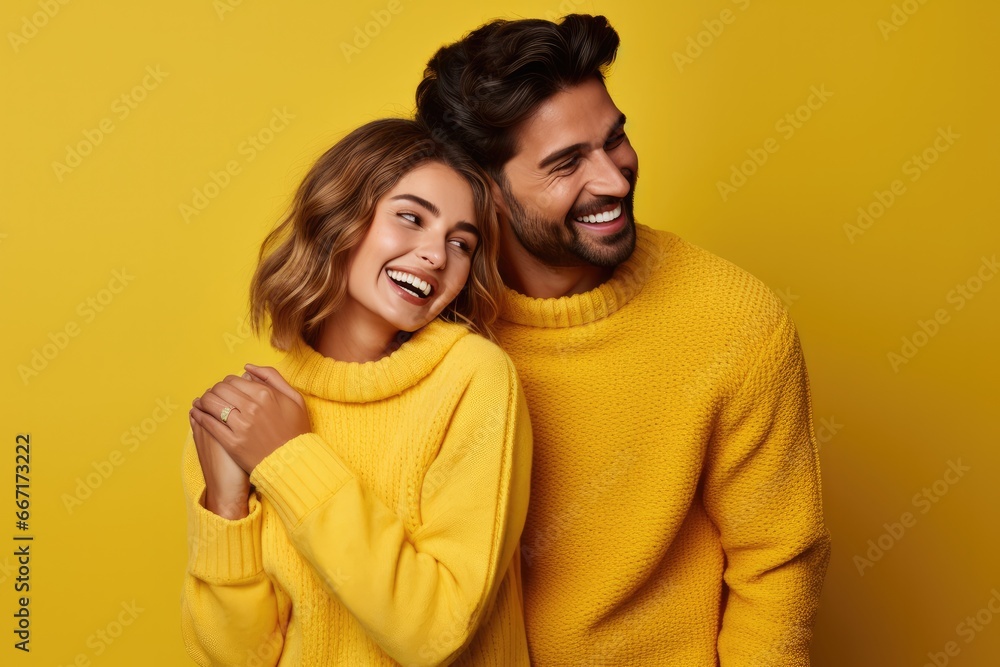 Fototapeta premium Happy young couple in love, smiling with joy, enjoying romantic relationship on yellow background.