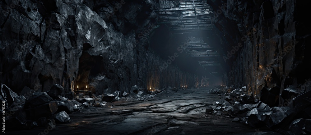Contemporary mine tunnel with tracks - obrazy, fototapety, plakaty 
