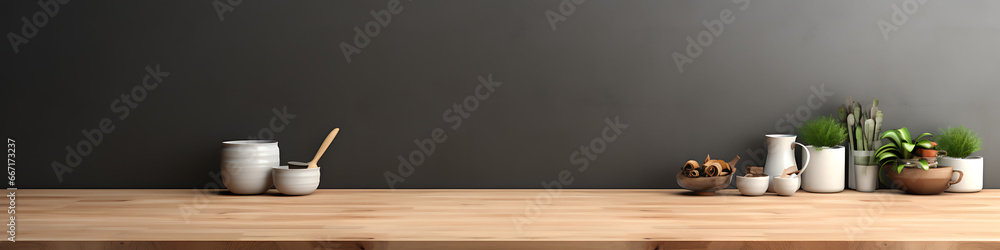 Fototapeta premium Wooden table top for product display on kitchen modern interior background