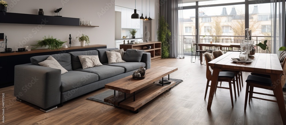 Large living room with gray couch and dining area furnished in wood