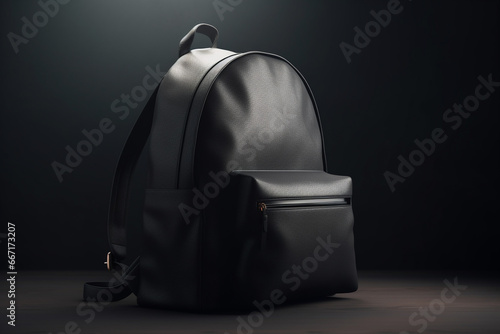 Black leather backpack on a dark background. 3d rendering mock up photo
