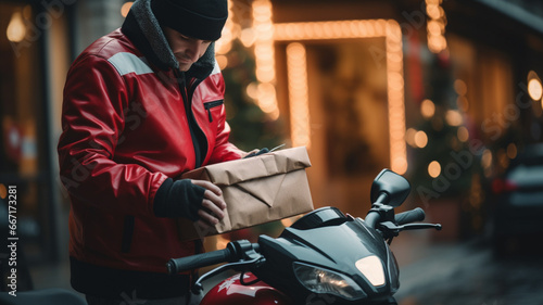 Delivery man in red uniform delivering parcel box to customer on scooter generativa IA