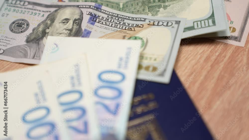 Israeli passport and shekels. Travel passport and dollars. Slow motion. concept: buying tickets from Israel to the USA, travel. Preparing for the trip. Israeli passport and shekels. Travel passport and dollars. Slow motion. concept: buying tickets from Israel to the USA, travel. Preparing for the trip.