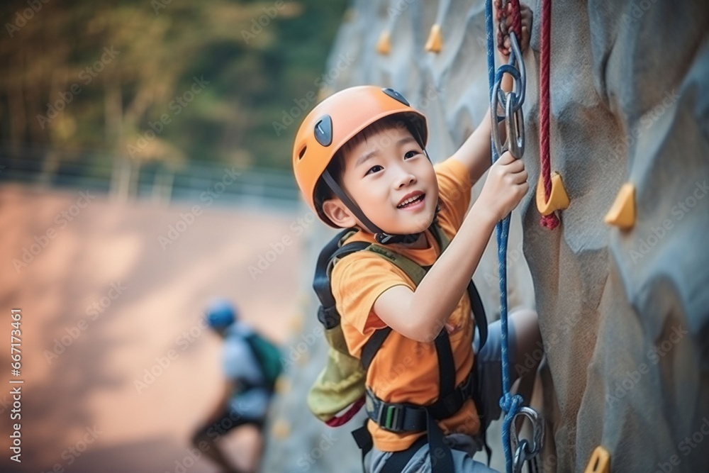 Asian child boy sports exercises climbing on climbing wall
