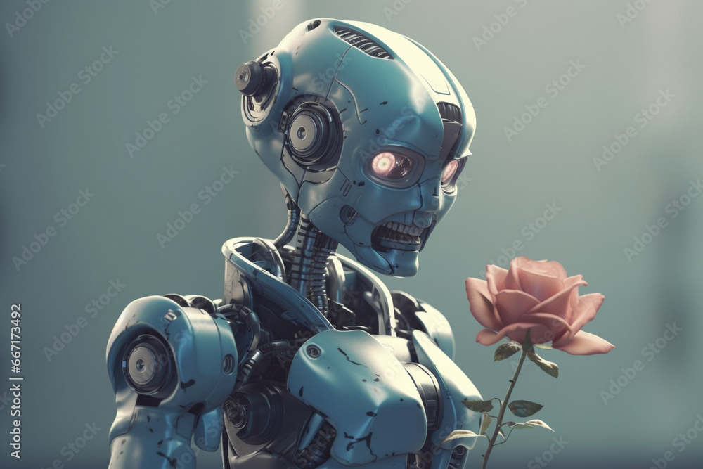 Robot holding rose in the rain,concept of artificial intelligence. Robot holding rose in the rain,concept of artificial intelligence.