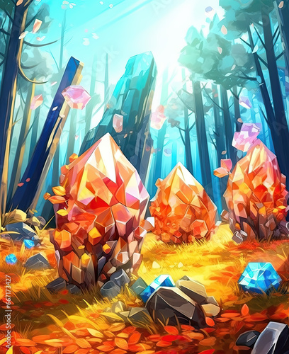 Cartoon fairy forest with gems in it.