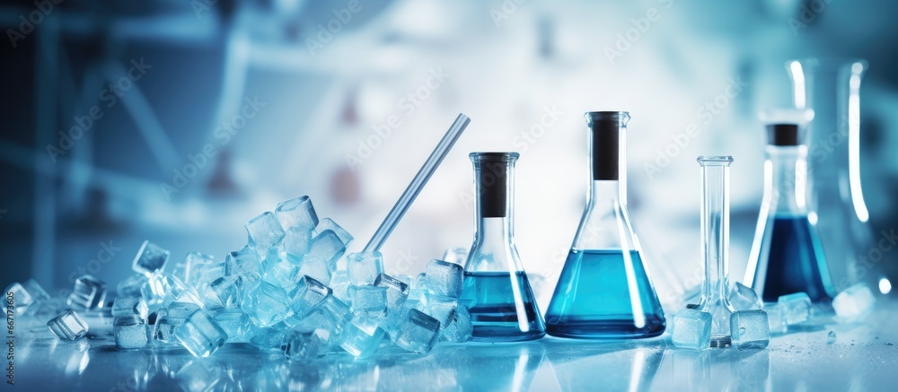 Broken test tube on desk in clinic or lab surrounded by flasks with blue liquid Broken test tube on desk in clinic or lab surrounded by flasks with blue liquid