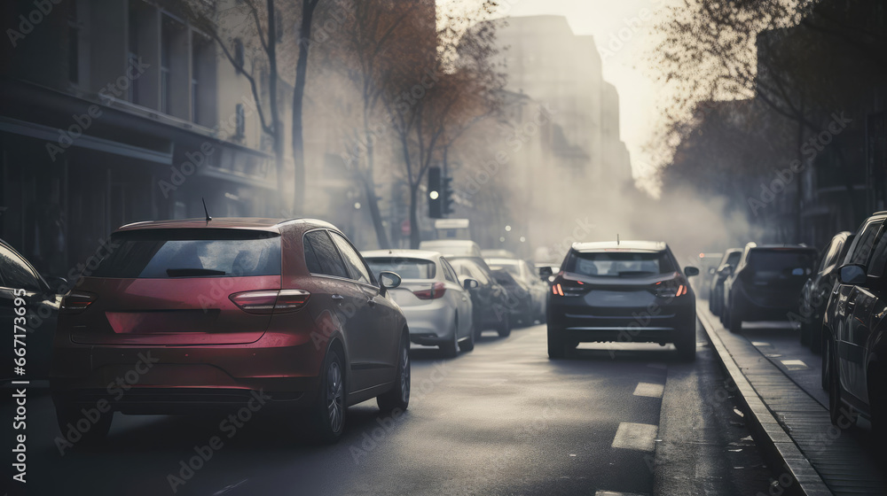 Cars on the street of the city are stuck in a traffic jam. Heavy smoke