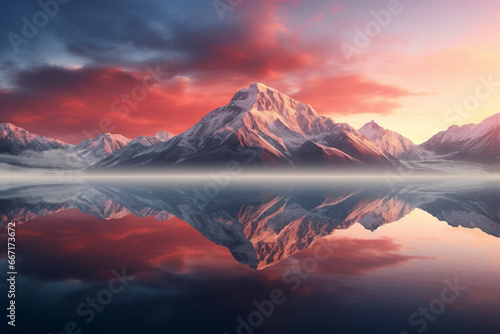 sunrise over the mountains and mountain reflection in the river