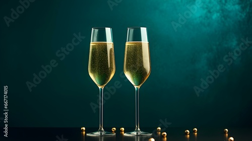Two isolated Champagne Glasses in front of an emerald Background. Festive Template for Holidays and Celebrations