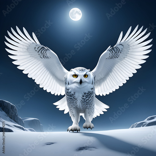 cartoon style, A magnificent snowy owl in mid-flight, wings spread wide as it soars through a snowy, moonlit landscape. ai generative photo