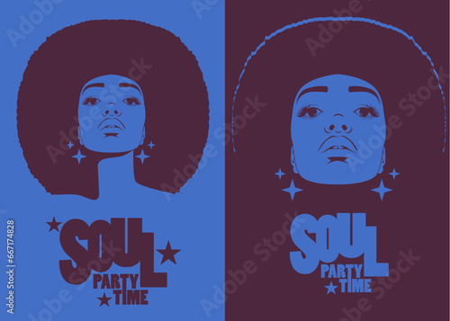 Beautiful woman with afro style curly hair, acid colors. Psychedelic makeup. Poster music soul, funk or disco style 60s or 70s